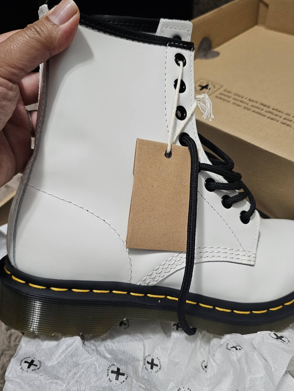 Dr. Martens White 1460 Smooth Lace-Up Boot with Yellow Stitching